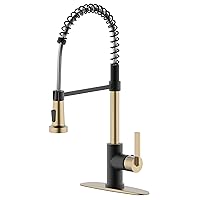 Derengge Single Handle Kitchen Sink Faucet, Spring High Arc Kitchen Faucet with Deck Plate for Farmhouse, Camper, Laundry, Rv, Bar, Matte Black and Brushed Gold Finished,KF-5025-MS