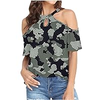 Gradient Camo Halter Cold Shoulder Shirts for Womens Summer Keyhole Neck Half Sleeve Trendy Casual Loose Fit Shirts