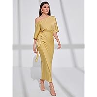 Women's Casual Dresses Asymmetrical Neck Batwing Sleeve Wrap Hem Satin Dress Charming Mystery Special Beautiful (Color : Yellow, Size : X-Large)