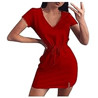 Women's Dress Solid Color Beach V-Neck Glamorous Swing Casual Loose-Fitting Summer Flowy Short Sleeve Knee Length