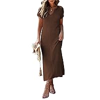 Pink Queen Women's Casual V Neck Short Sleeve Loose Side Slit Ribbed Knit Midi Dress