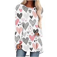 Valentine Day Tunic Tops for Women Oversized Long Sleeve Cute Love Hearts Graphic T-Shirts Casual Crewneck Pullover