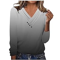 Womens Gradient Tops 2023 Casual Button Up Pleated Cross V Neck Tee Shirts Trendy Long Sleeve Dressy Blouses