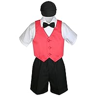 5pc Formal Baby Toddler Boy Red Vest Black Shorts Suit Outfit Cap S-4T (L:(12-18 months))