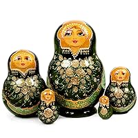 Annushka Nesting Doll Matryoshka (5 pc.), Nesting Dolls Matryoshka Wood Stacking Nested Set 5 Pieces, Handmade Toys for Christmas, Acrylic Paints, Lacquer (Green)