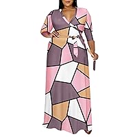 Runwind Plus Size Dresses for Women Floral Maxi Dress Flowy 3/4 Sleeve with Belt