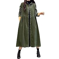 Womens Casual Summer Dress Women Simple Coats Solid Color Long Sleeve Corduroy Inspiration Thick Wrinkled Plus