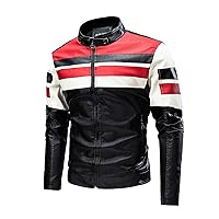 Men's Motorcycle Jacket Stand Collar Leather Jacket Spring Trendy Color Block Motor Biker Jacket S-5XL
