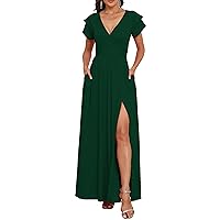 Women's V Neck Wedding Guest Dresses Short Sleeve Slit Cocktail Prom Party Flowy Maxi Sundress with Pockets