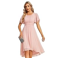 Ever-Pretty Women's Crew Neck Pleated Waist Short Sleeve Wedding Guest Dress Chiffon Bridesmaid Dresses 02053