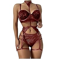 Lingerie Set for Women with Garter Belt, Sexy Lace Lingerie Bra and Panty Halter Babydoll Mini Teddy Nightgowns