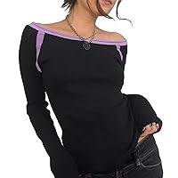 90S Vintage Long Sleeve Crop Top for Women Y2k Aesthetic Graphic Print Slim Fit Ribbed Tee Shirts Streetwear