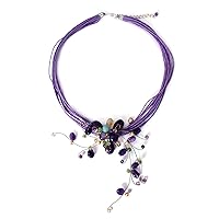 NOVICA Handmade Amethyst Peridot Choker Floral Necklace Silver Plated Brass Cotton Stainless Steel Citrine Aquamarine Glass Bead Green Multicolor Purple Yellow Pendant 'Floral Joy'