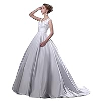 Beautiful White V Neck Ruched Bodice Princess Ball Gown Wedding Dresses