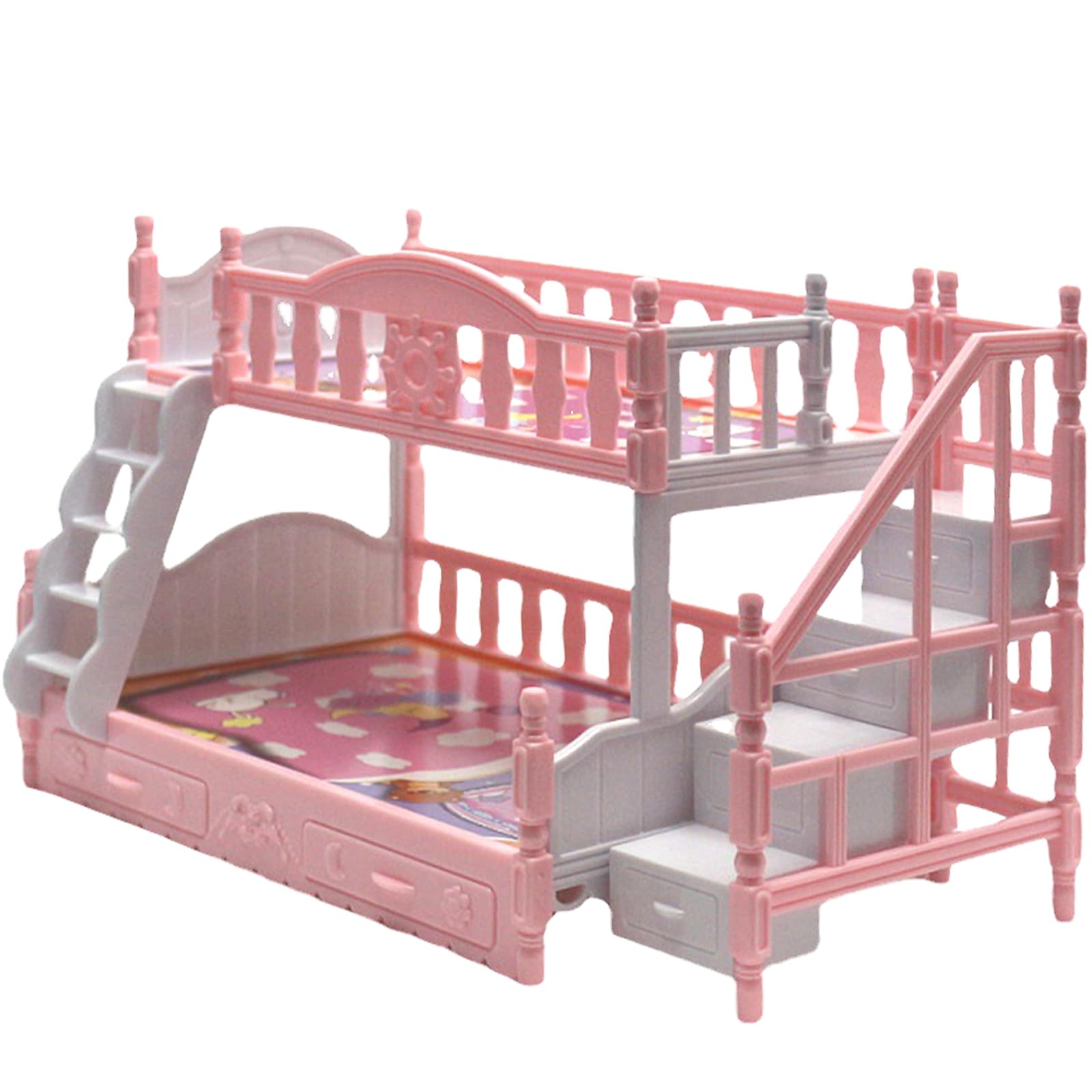 Baby Doll Bunk Bed for Girls Baby Doll Miniature Simulation Cute Cartoon Baby Doll Cot with Stairs Plastic Dollhouse Furniture Birthday Gift