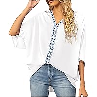 TUNUSKAT Womens Tops Dressy Casual, Womens Summer Batwing Tops Loose Elbow Sleeve Embroidery Boho Tops Casual V Neck T Shirts