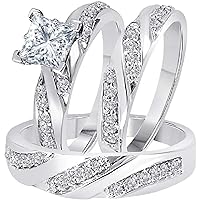 Thegoldencrafter 1.00 Carat Princess Cut Created Diamond 14K White Gold Over 925 Sterling Sliver Engagement Bridal Wedding Band Trio Ring Set for His & Her