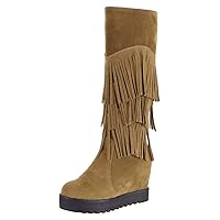 BIGTREE Womens Knee High Boots Hidden Wedge Heel Tassel Winter Autumn 3-Layer Fringe Tall Boots