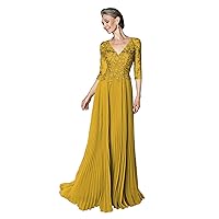 V Neck Mother of The Bride Dress 3/4 Sleeve Lace Applique Long Chiffon Formal Evening Prom Gown for Women