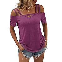 Womens Cold Shoulder Tops for Women Summer Sexy Cut Out Tops Short Sleeve Criss Cross Casual Shirts