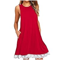 Customer Service My Orders Women Lace Trim Summer Mini Dress, Sexy Sleeveless T Shirt Dresses Crew Neck Solid Beach Dress Cute Sundress with Pocket Limited of Time Deals Red