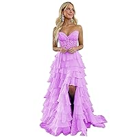 Lace Strapless Corset Prom Dresses with Slit 2024 Long Tiered Ruffle Chiffon Formal Evening Dress for Women