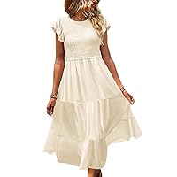 YESNO Women Summer Dresses Ruffle Cap Sleeve Casual Dress Boho Smocked Bodice Maxi Dress with Pockets E05