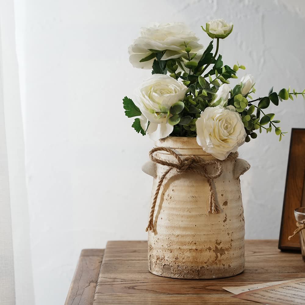 SIDUCAL Ceramic Decorative Flower Vase, 8 Inch Rustic Distressed Pottery Decorative Flower Vase for Home Decor, Ideal Shelf Decor, Bookshelf, Mantle, Entryway, Living Room, Table Decor