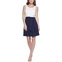 DKNY Women's Colorblocked Belted A-Line Dress (Ivory/Navy, 6)