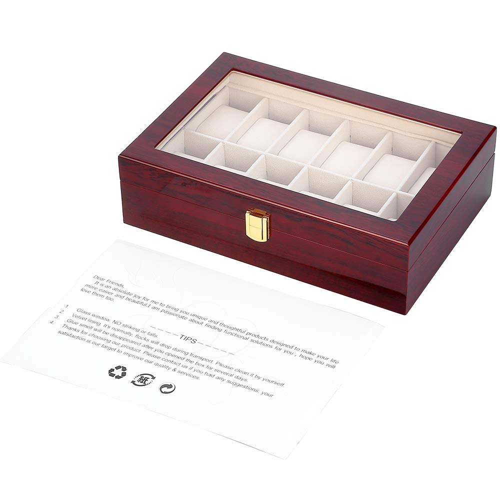 Uten Watch Box, 12 Slot Wooden Watch Case with Removable Watch Pillow, Metal Clasp Watch Display, Watch Box Organizer for men and women.