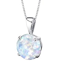 PEORA 14K White Gold Created White Opal Pendant for Women, Classic Solitaire, Round Shape, 8mm, 1 Carat total