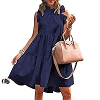 Women Sleeveless Ruffle Sleeve Solid Color Summer Flowy Loose Short Mini Dresses K338