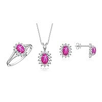 Diamond & Star Ruby Set - Ring, Earring & Pendant Necklace Sterling Silver