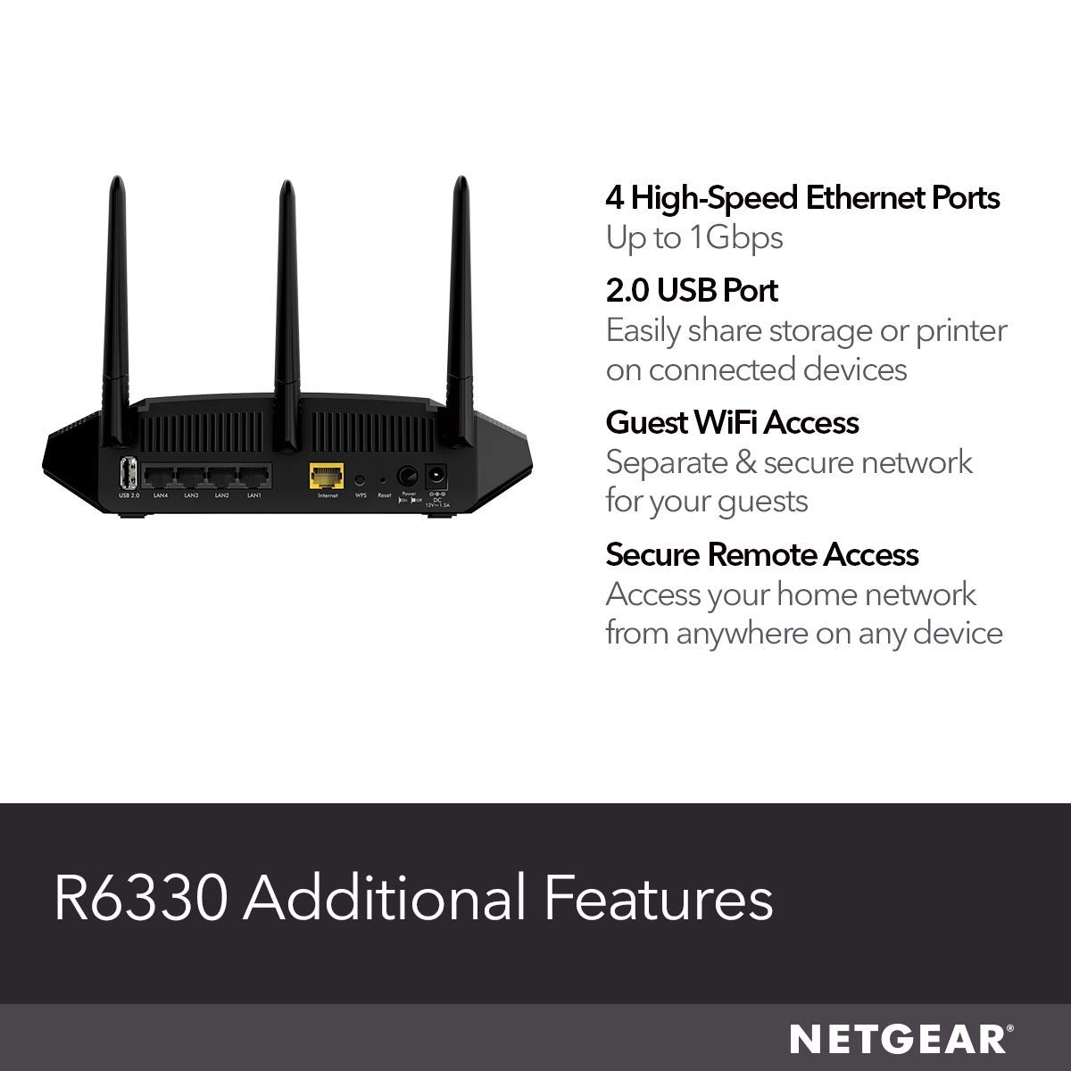 NETGEAR WiFi Router (R6330) - AC1600 Dual Band Wireless Speed (up to 1600 Mbps) | Up to 1200 sq ft Coverage & 20 Devices | 4 x 1G Ethernet and 1 x 2.0 USB Ports (R6330-1AZNAS)