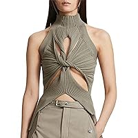 Zewuai Women Sexy Hollow Out Twist Front Knitted Tank Tops Sleeveless High Neck Cut Out Sweater Vest