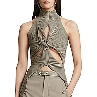 Zewuai Women Sexy Hollow Out Twist Front Knitted Tank Tops Sleeveless High Neck Cut Out Sweater-Vests