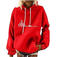 Women's Casual Christmas Graphic Printed Hoodies Long Sleeve Pullover Tops Loose Lightweight Sweatshirt with Pocket