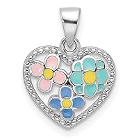 JewelryWeb 925 Sterling Silver Rhodium Plated Polished and Beaded Multi color Enameled Floral Love Heart for boys or girls Pendant Necklace Measures 16.6x12.7mm Wide 2.55mm Thick