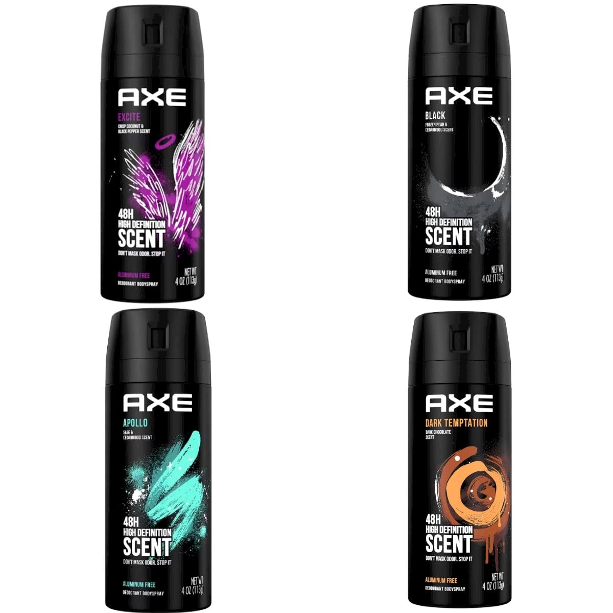AXE Deodorant Bodyspray for Men, Apollo, Excite, Black, Dark Temptation 48 Hours Deodorant Body Spray AHSR Products Bundle Set, Gift Set Packing, Masculine Scent 150 ml (Pack of 4)