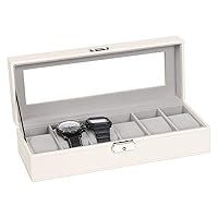 Watch Case, 6 Slot Leather Watch Box Display Case Organizer Glass Jewelry Storage