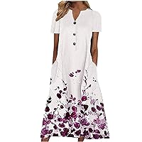 Dress for Women, Women's Dress Button Floral Pocket Short Sleeve V Neck Casual Loose Dress