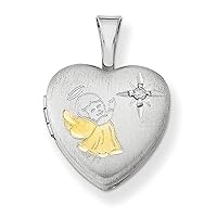 925 Sterling Silver Satin Patterned Engravable Holds 2 photos Gold Plated and Diamond Religious Guardian Angel 12mm Love Heart Locket Jewelry for Women