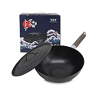 Non-Stick Cast Iron Wok Small Wok Pan with Iron Lid Wodden Handle Suitable for All Stoves, 9