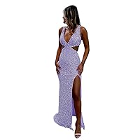 Women’s Glitter Sequin Prom Dresses with Slit Mermaid Backless Spaghetti Straps Formal Evening Party Gowns 2024 DE42