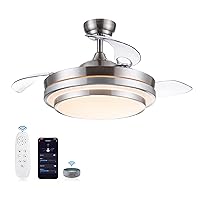 Smart Retractable Ceiling Fan with Lights Remote Control, Dimmable 42 Inch Modern Fandelier Ceiling Fan Work with Alexa and Smart APP for Bedroom Living Room, 3 Color, 6 Speed, Brushed Nickel