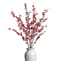 4Pcs Artificial Plum Blossom Fake Silk Cherry Blossom Branches Flowers,Faux Long Stems Wintersweets Arrangement for Wedding Home Office Bedroom Spring Party Decor(Red)