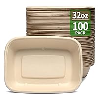 100 Pack 32 oz Large Rectangle Paper Bowls for Taco Salad, Burrito, Nacho, Pasta, Baked Potatos, Compostable 32oz Disposable Bowls for Party
