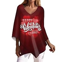 Holiday Tops for Women 2023 Valentine's Day Print Layered Sparkly with 3/4 Length Sleeve V Neck Swing Shirts