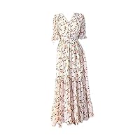 Summer Women's Bohemian Flowy Chiffon Short Sleeve V Neck Maxi Dress Autumn Wedding Guest Dress