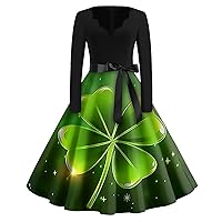 Women's St Patricks Day Dress Crew Neck Knee-Length Swing Dresses Classic Fancy Vintage Dress Bow Tie Casual Dresses